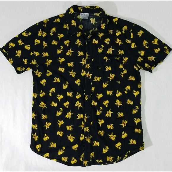 Pokemon Pikachu Print  Button Down Shirt Adult Size Small Black Yellow Official - Picture 2 of 5